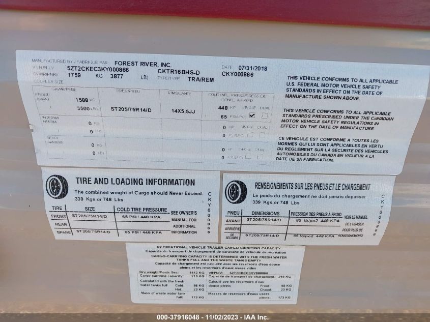 2019 Cherokee Other VIN: 5ZT2CKEC3KY000866 Lot: 37916048