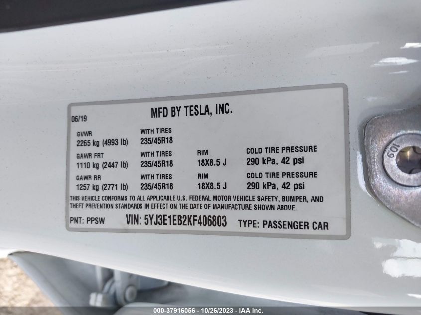 2019 Tesla Model 3 Long Range/Performance VIN: 5YJ3E1EB2KF406803 Lot: 37916056