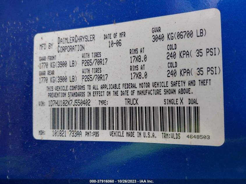 2007 Dodge Ram 1500 Laramie VIN: 1D7HU182X7J550402 Lot: 37916060