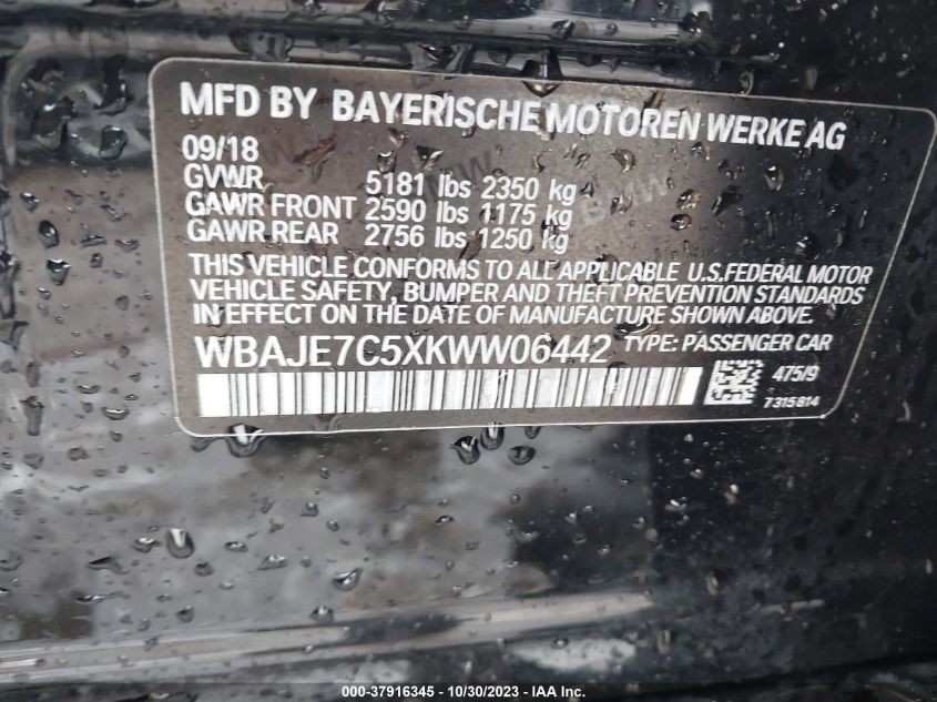 2019 BMW 5 Series 540I xDrive VIN: WBAJE7C5XKWW06442 Lot: 37916345