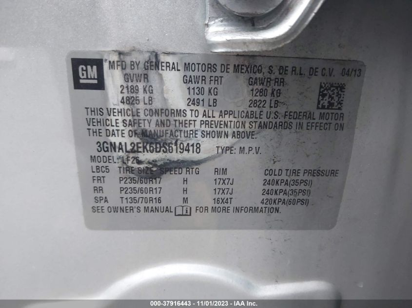 2013 Chevrolet Captiva Sport Fleet Ls VIN: 3GNAL2EK6DS619418 Lot: 37916443