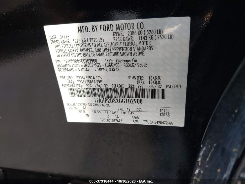 2016 Ford Taurus Se VIN: 1FAHP2D8XGG102908 Lot: 37916444