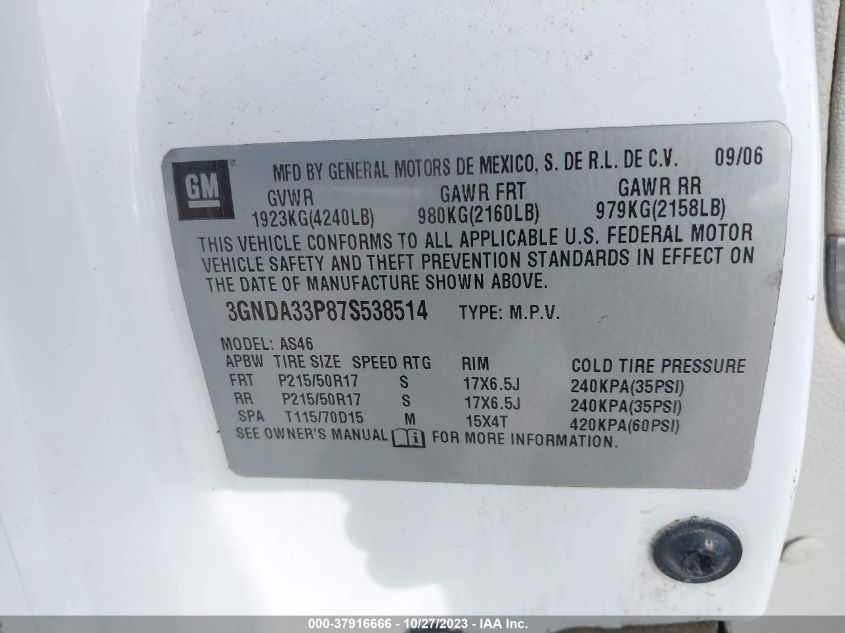 2007 Chevrolet Hhr Lt VIN: 3GNDA33P87S538514 Lot: 37916666