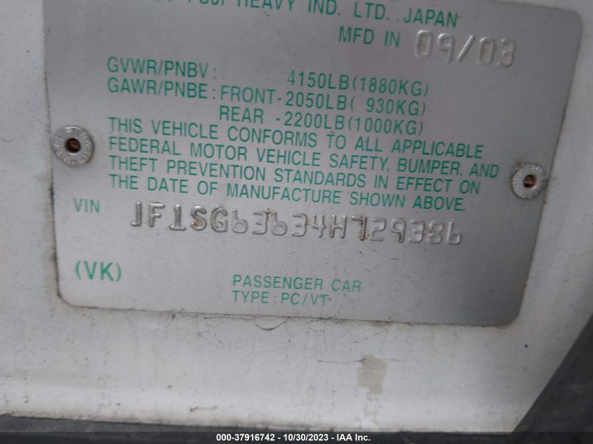 2004 Subaru Forester X VIN: JF1SG63634H729386 Lot: 37916742