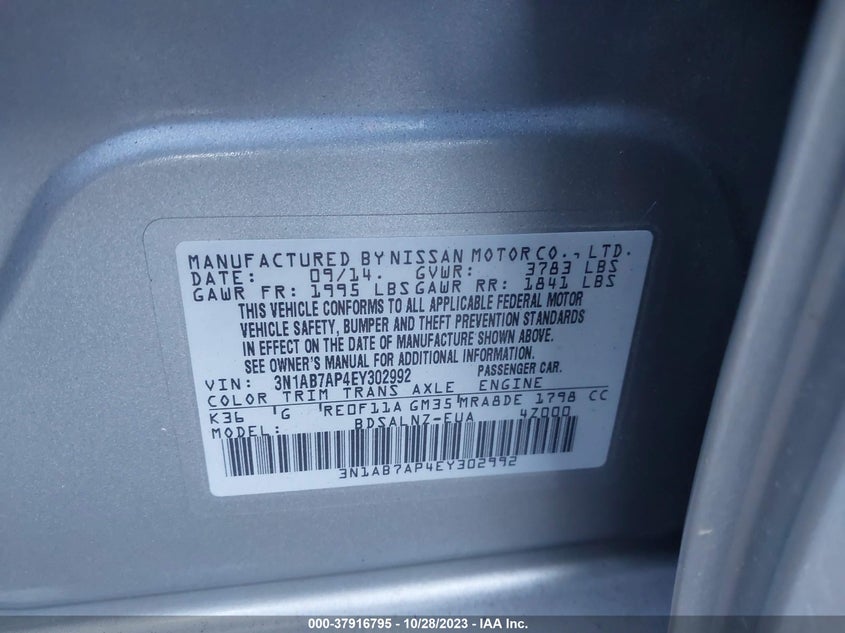 2014 Nissan Sentra Fe+ Sv VIN: 3N1AB7AP4EY302992 Lot: 37916795