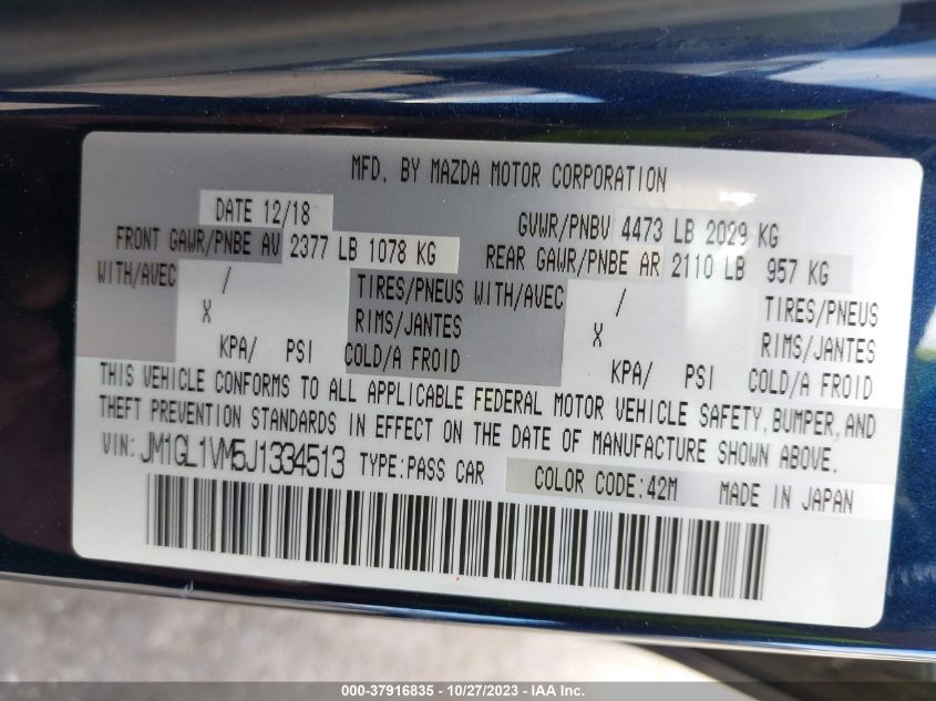 2018 Mazda Mazda6 Touring VIN: JM1GL1VM5J1334513 Lot: 37916835