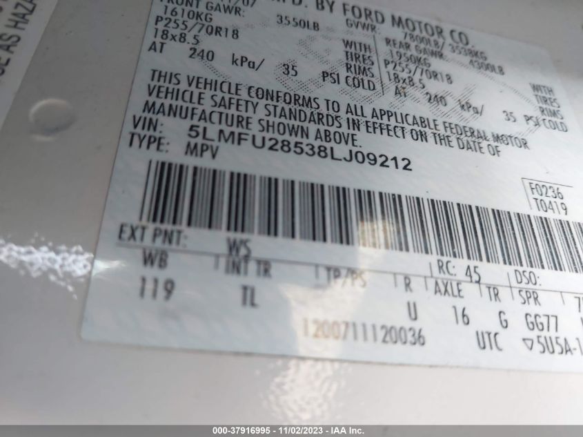 2008 Lincoln Navigator VIN: 5LMFU28538LJ09212 Lot: 37916995