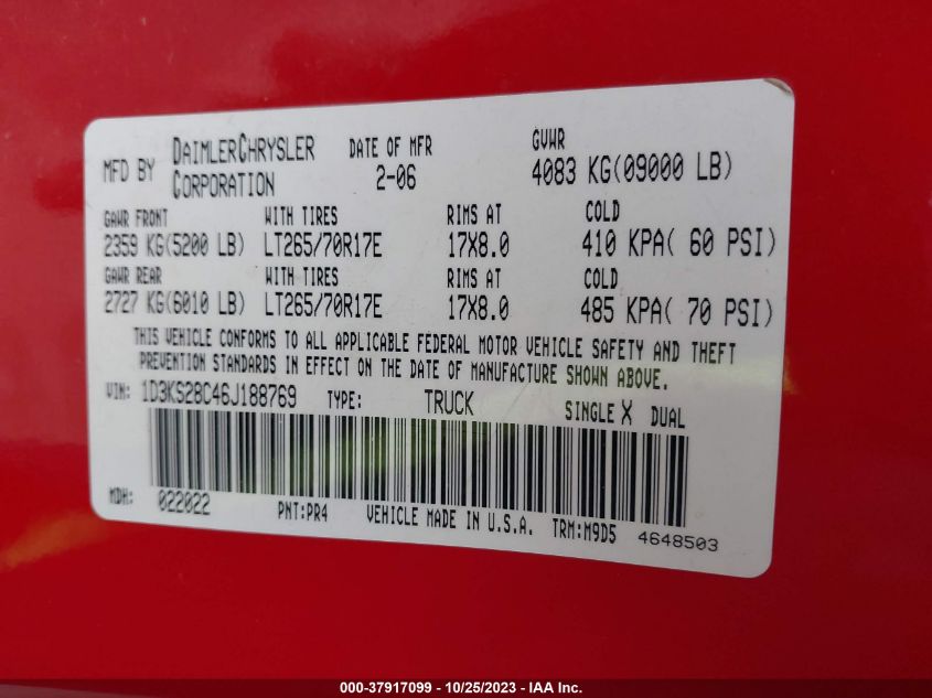 2006 Dodge Ram 2500 Slt VIN: 1D3KS28C46J188769 Lot: 37917099