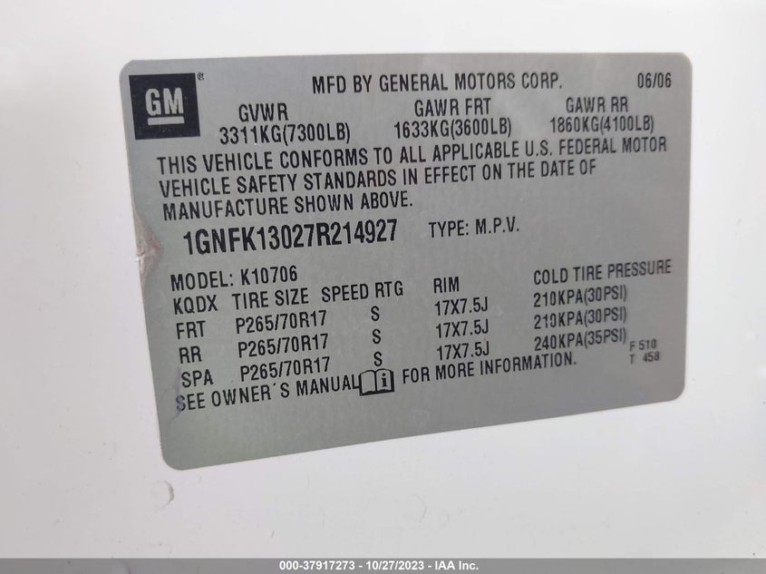 2007 Chevrolet Tahoe Lt VIN: 1GNFK13027R214927 Lot: 37917273