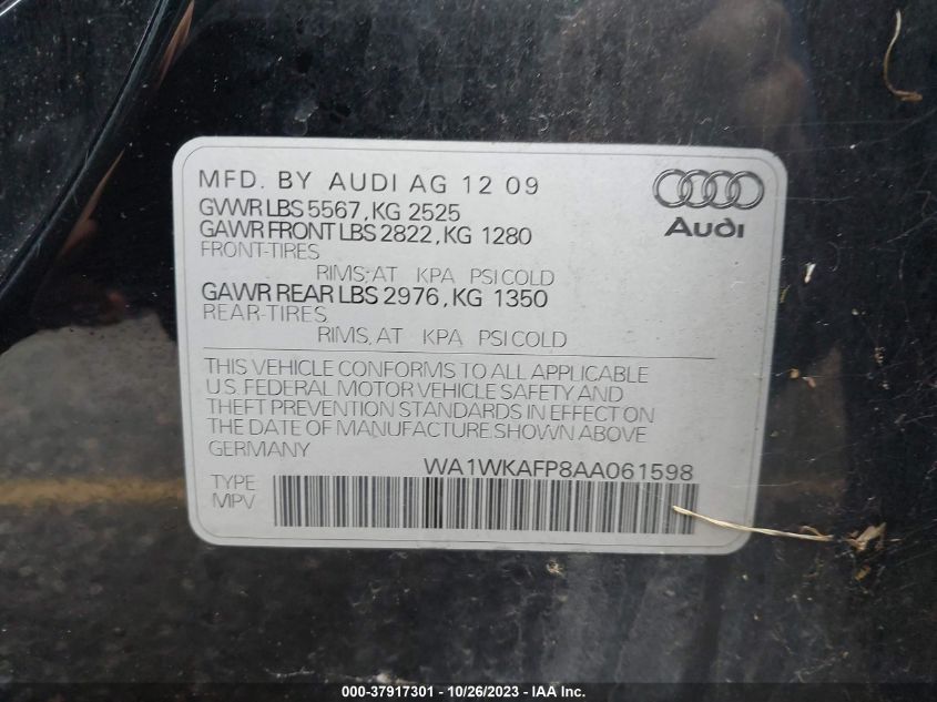 2010 Audi Q5 Prestige VIN: WA1WKAFP8AA061598 Lot: 37917301