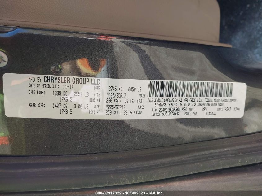 2015 Chrysler Town & Country Touring VIN: 2C4RC1BGXFR601834 Lot: 37917322