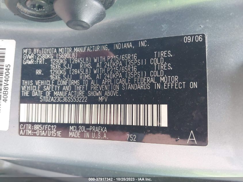 2006 Toyota Sienna Ce/Le VIN: 5TDZA23C36S553222 Lot: 37917342