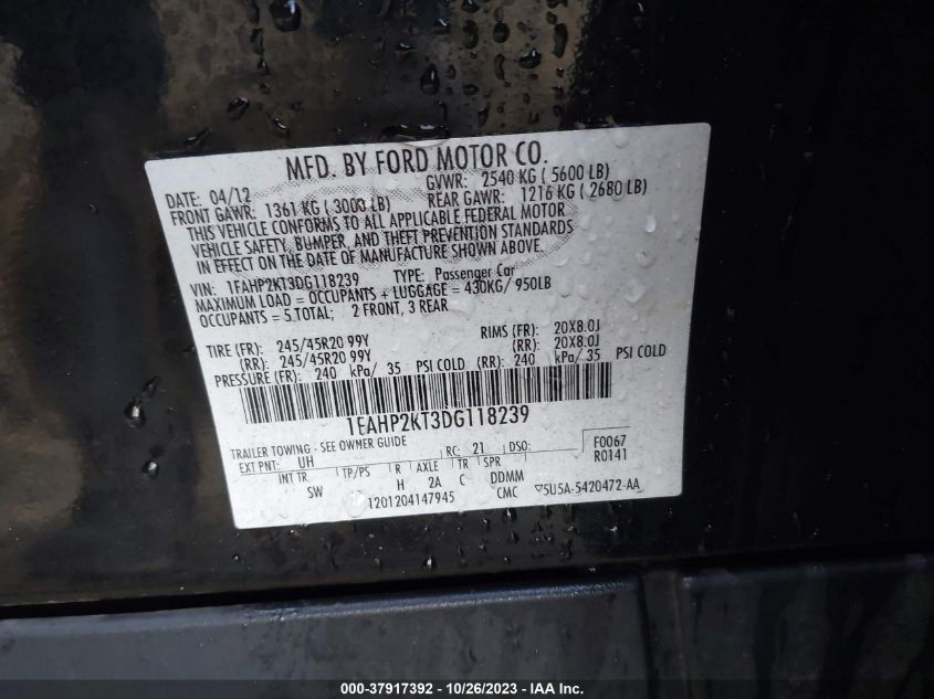 2013 Ford Taurus Sho VIN: 1FAHP2KT3DG118239 Lot: 37917392