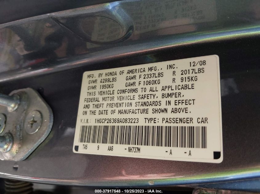 2009 Honda Accord Sdn Lx VIN: 1HGCP26369A083223 Lot: 37917548