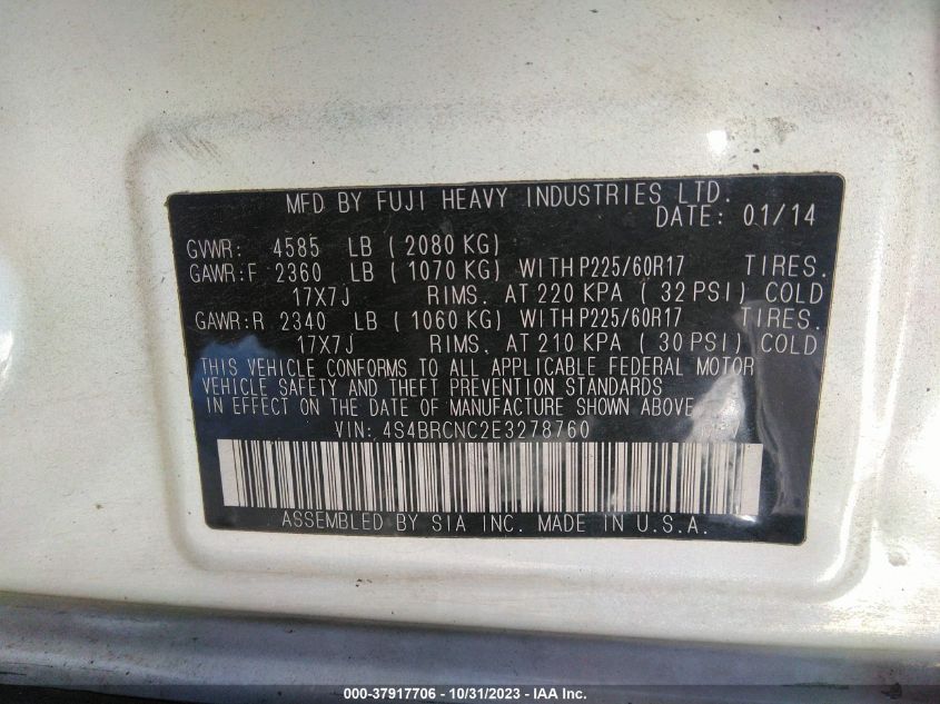 2014 Subaru Outback 2.5I Limited VIN: 4S4BRCNC2E3278760 Lot: 37917706