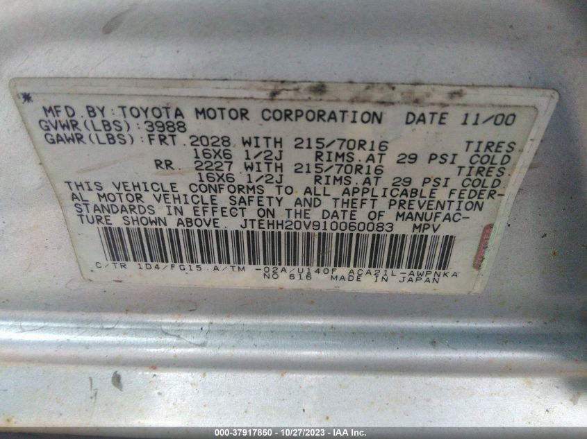 2001 Toyota Rav4 VIN: JTEHH20V910060083 Lot: 37917850