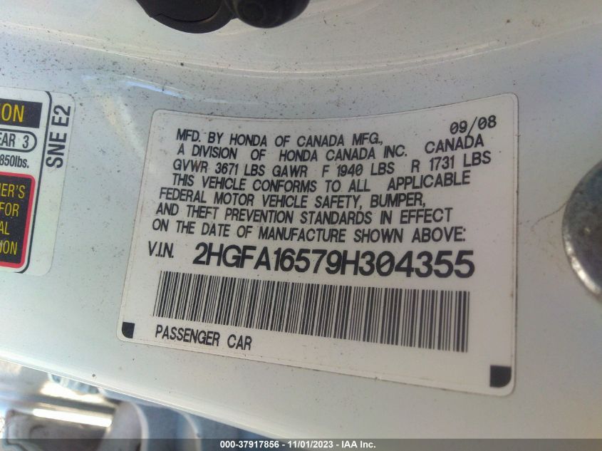 2009 Honda Civic Sdn Lx VIN: 2HGFA16579H304355 Lot: 37917856