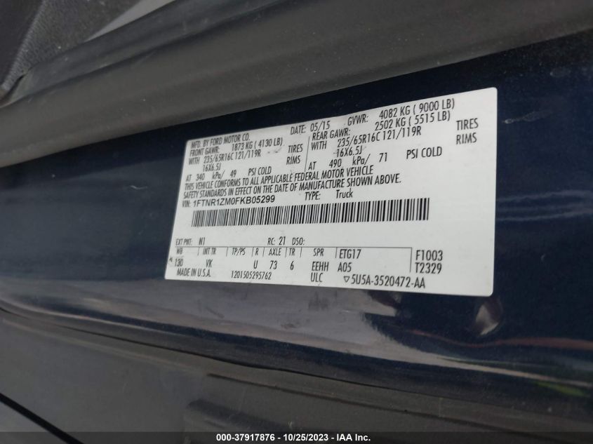 2015 Ford Transit Cargo Van VIN: 1FTNR1ZM0FKB05299 Lot: 37917876