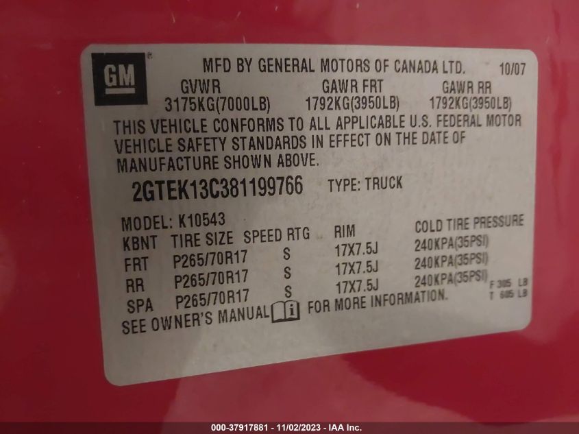 2008 GMC Sierra 1500 Sl VIN: 2GTEK13C381199766 Lot: 37917881