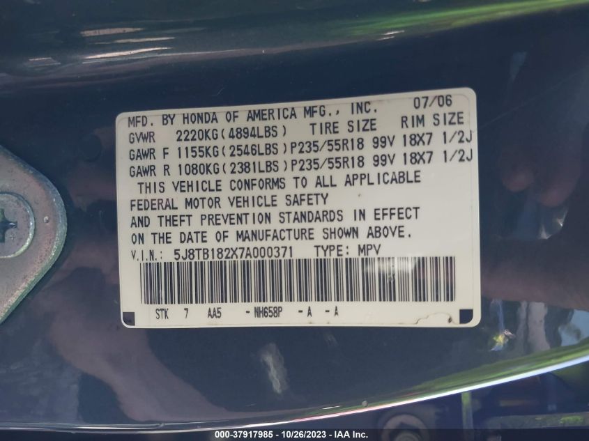 2007 Acura Rdx VIN: 5J8TB182X7A000371 Lot: 37917985