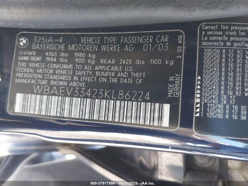 2003 BMW 3 Series 325I VIN: WBAEV33423KL86224 Lot: 37917999