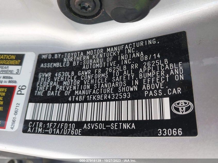 2014 Toyota Camry L/Le/Xle/Se/Se Sport VIN: 4T4BF1FK9ER432593 Lot: 37918139