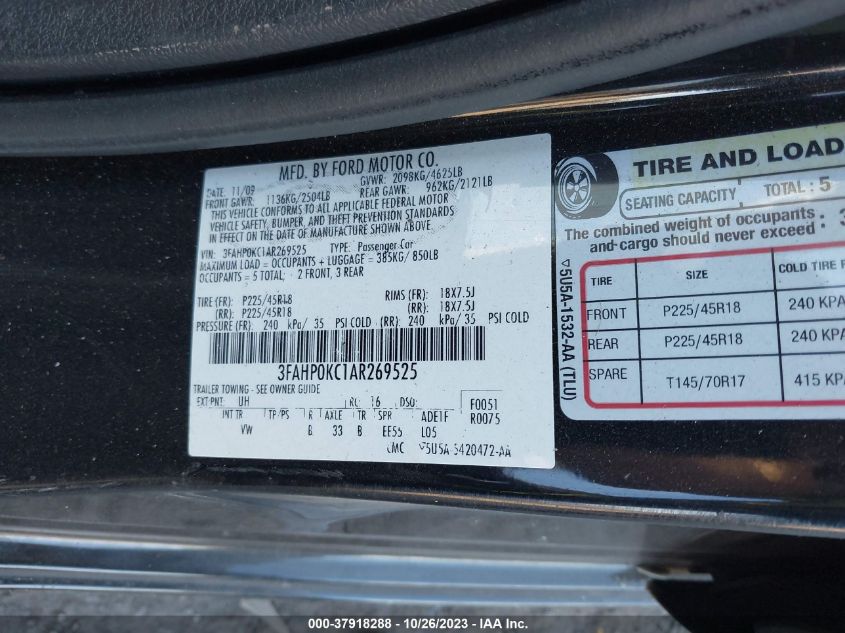 2010 Ford Fusion Sport VIN: 3FAHP0KC1AR269525 Lot: 37918288