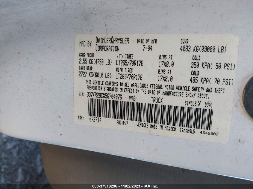 2005 Dodge Ram 2500 Slt VIN: 3D7KR28CX5G704076 Lot: 37918296