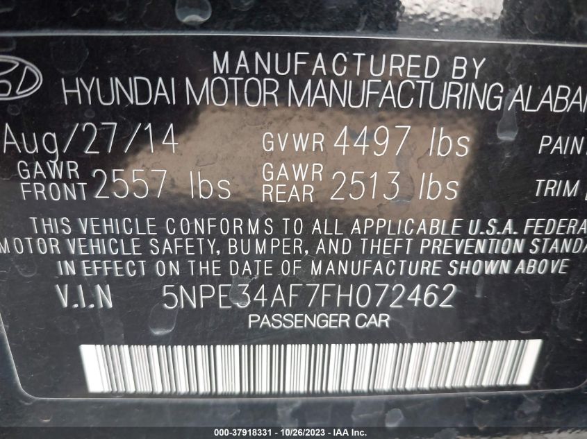 2015 Hyundai Sonata 2.4L Limited VIN: 5NPE34AF7FH072462 Lot: 37918331