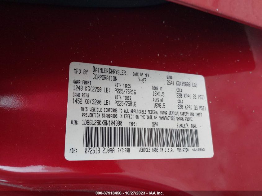 2008 Dodge Nitro Sxt VIN: 1D8GU28KX8W104980 Lot: 37918456