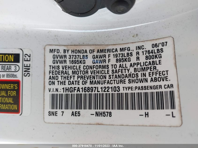 2007 Honda Civic Sdn Ex VIN: 1HGFA16897L122103 Lot: 37918470