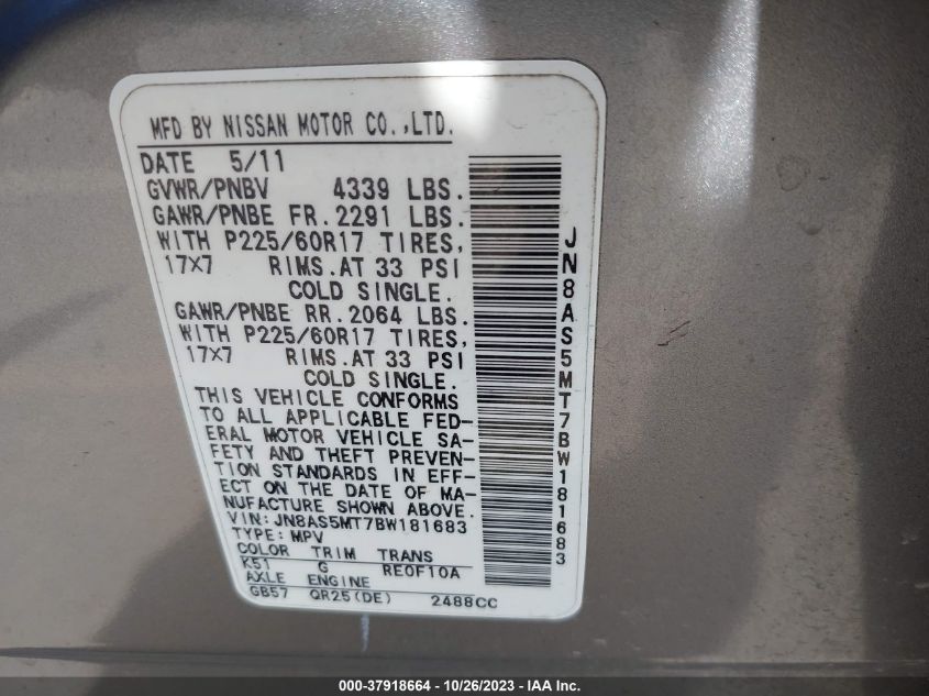 2011 Nissan Rogue Sv VIN: JN8AS5MT7BW181683 Lot: 37918664