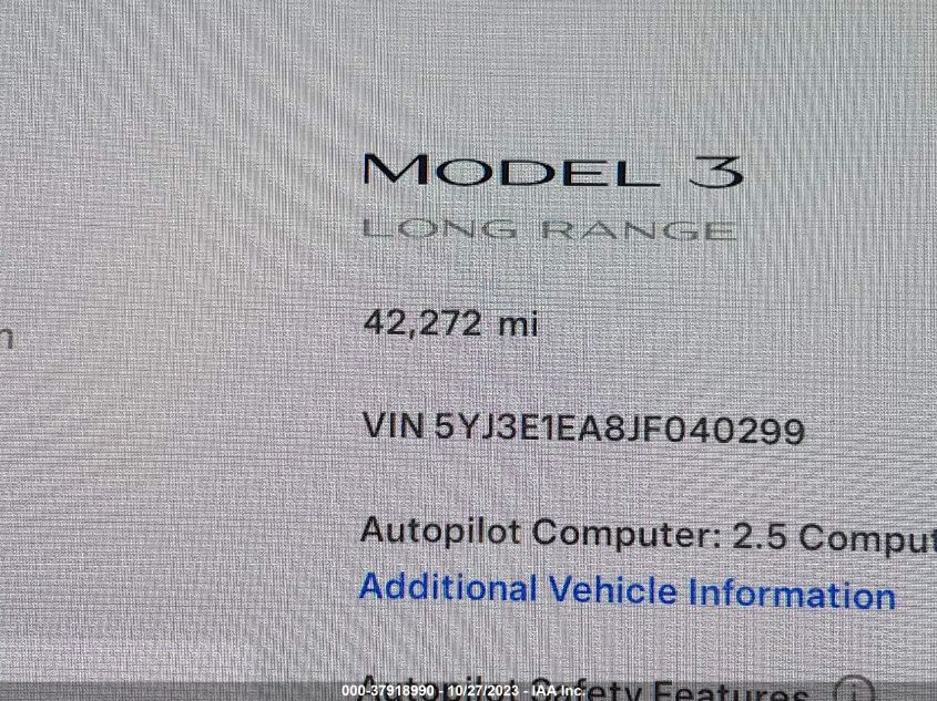 2018 Tesla Model 3 VIN: 5YJ3E1EA8JF040299 Lot: 37918990