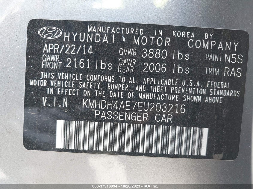 2014 Hyundai Elantra Se VIN: KMHDH4AE7EU203216 Lot: 37918994