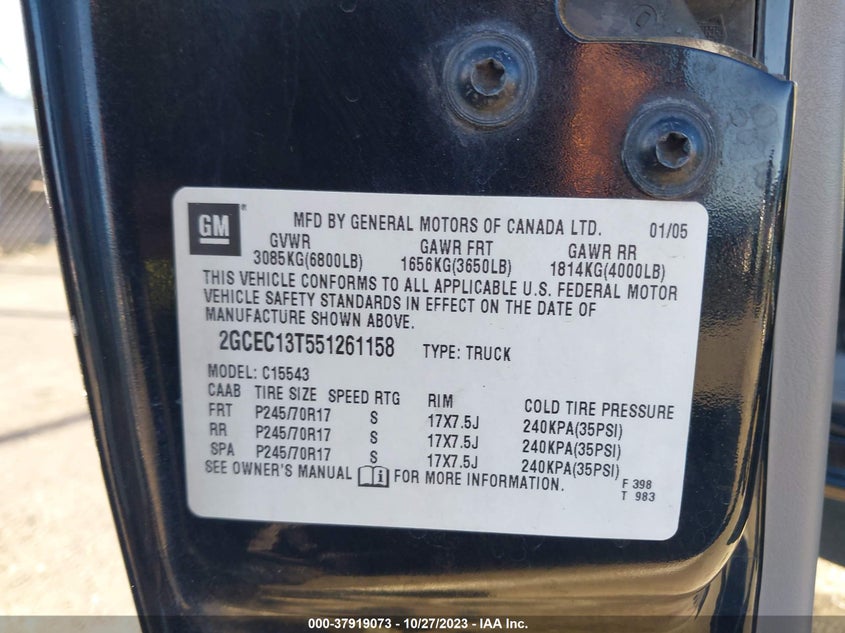2005 Chevrolet Silverado 1500 Lt VIN: 2GCEC13T551261158 Lot: 37919073