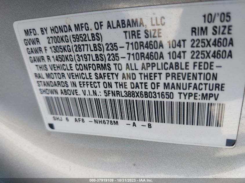 2006 Honda Odyssey Touring VIN: 5FNRL388X6B031650 Lot: 37919109