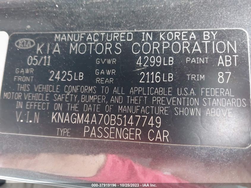 2011 Kia Optima Lx VIN: KNAGM4A70B5147749 Lot: 37919196