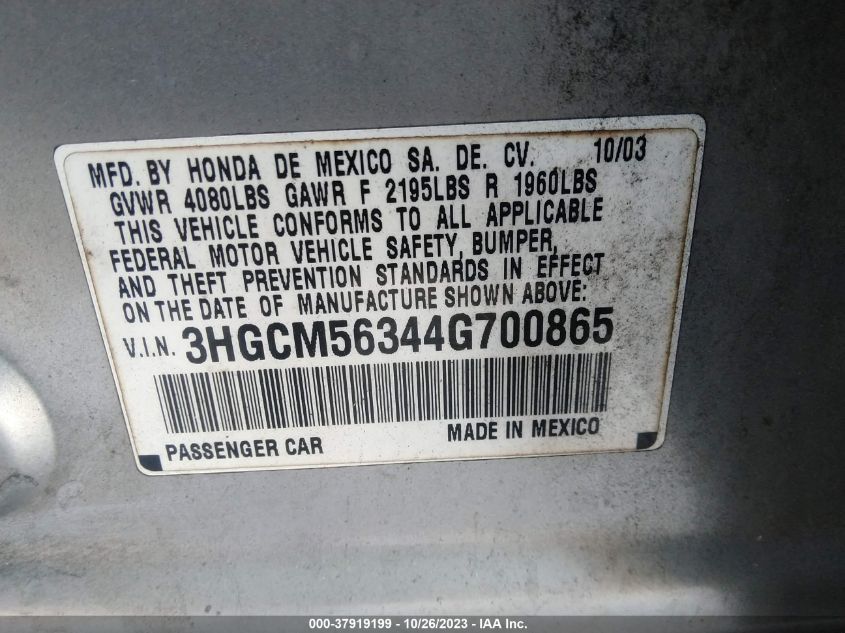 2004 Honda Accord Sdn Lx VIN: 3HGCM56344G700865 Lot: 37919199