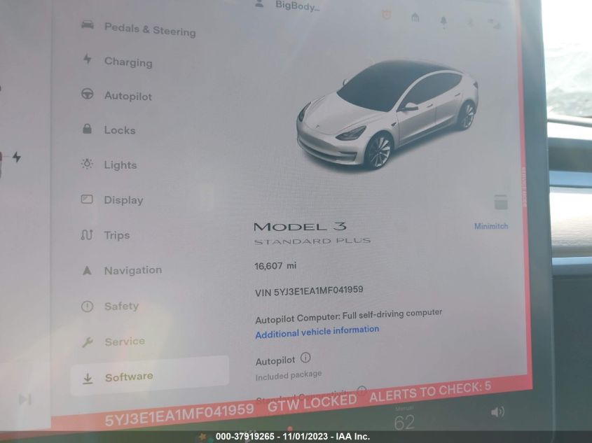 2021 Tesla Model 3 Standard Range Plus VIN: 5YJ3E1EA1MF041959 Lot: 37919265