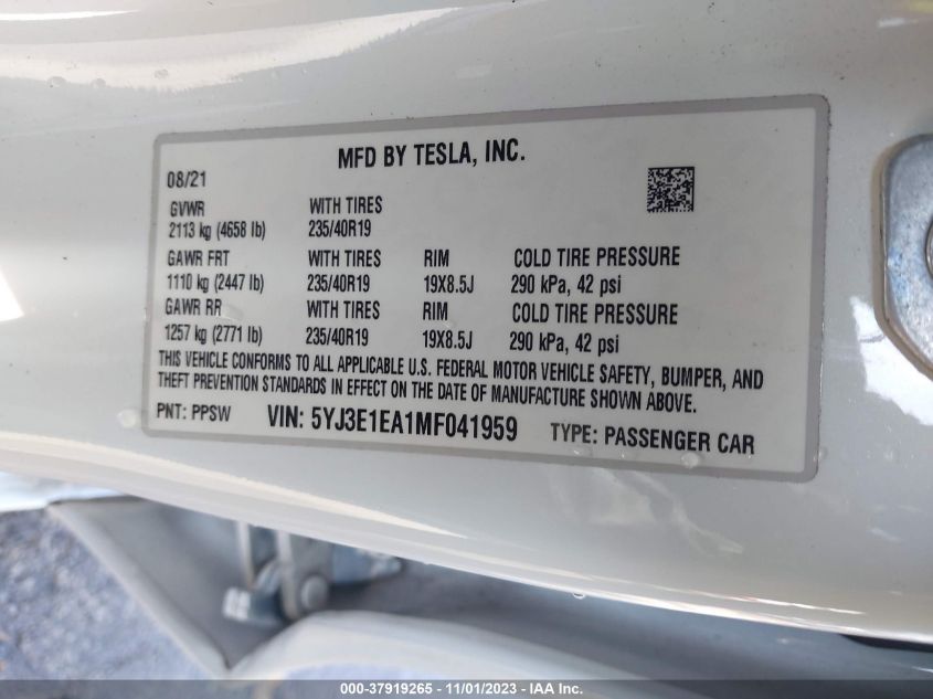 2021 Tesla Model 3 Standard Range Plus VIN: 5YJ3E1EA1MF041959 Lot: 37919265