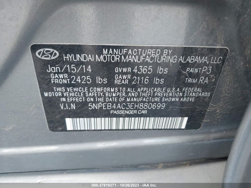 2014 Hyundai Sonata Gls VIN: 5NPEB4AC3EH880699 Lot: 37919271