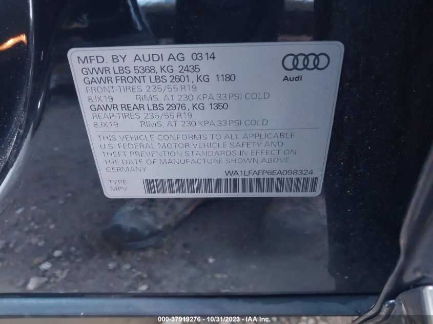 2014 Audi Q5 2.0T Premium VIN: WA1LFAFP6EA098324 Lot: 37919276