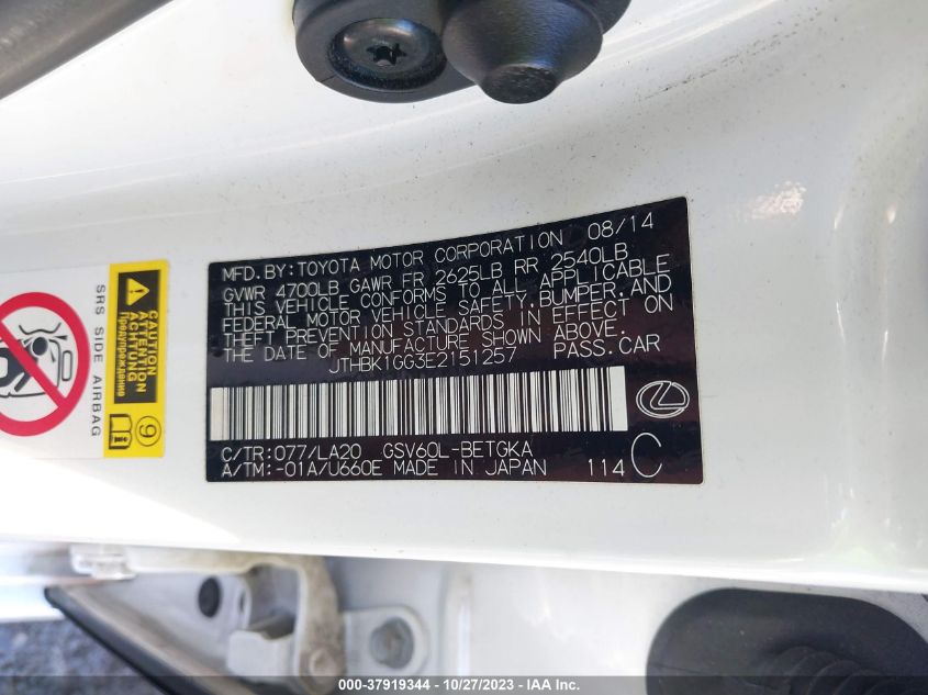 2014 Lexus Es 350 VIN: JTHBK1GG3E2151257 Lot: 37919344