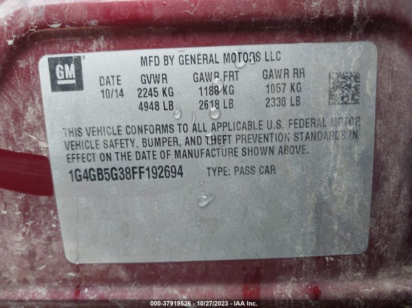 2015 Buick Lacrosse Leather VIN: 1G4GB5G38FF192694 Lot: 37919526