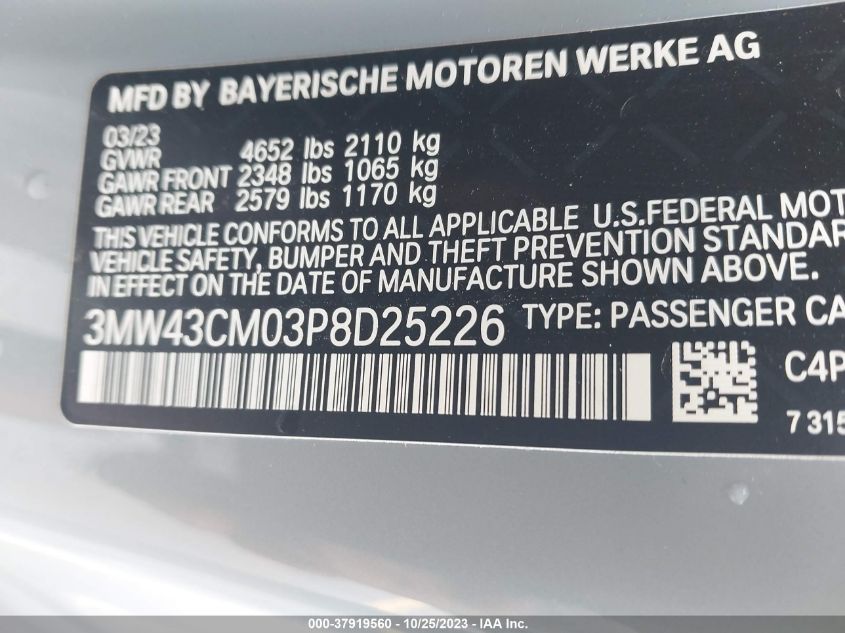 2023 BMW 2 Series M240I VIN: 3MW43CM03P8D25226 Lot: 37919560