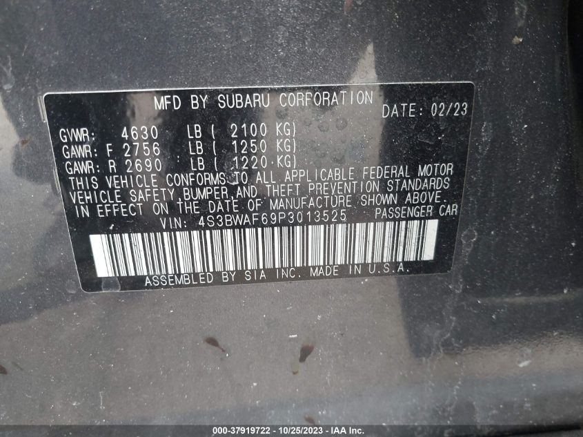 2023 Subaru Legacy Premium VIN: 4S3BWAF69P3013525 Lot: 37919722