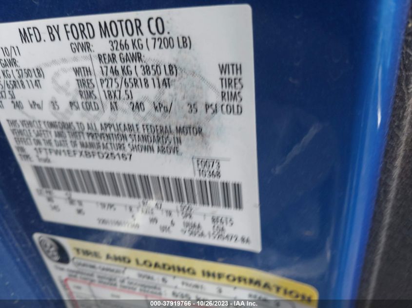2011 Ford F-150 Xl/Xlt/Fx4/Lariat VIN: 1FTFW1EFXBFD25167 Lot: 37919766