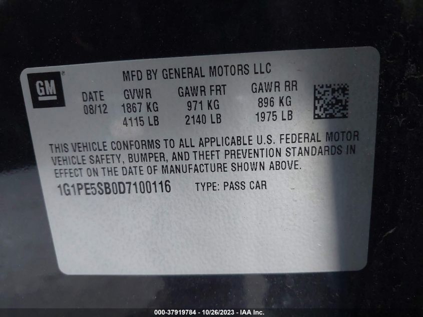 2013 Chevrolet Cruze 2Lt VIN: 1G1PE5SB0D7100116 Lot: 37919784