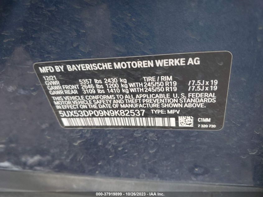 2022 BMW X3 xDrive30I VIN: 5UX53DP09N9K82537 Lot: 37919899