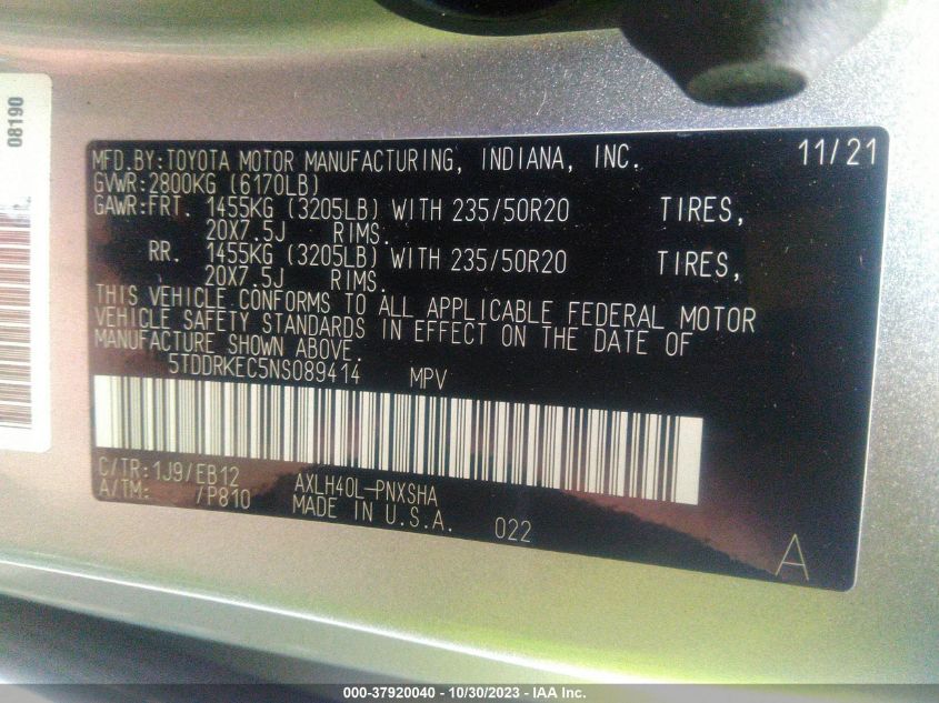 2022 Toyota Sienna Xse VIN: 5TDDRKEC5NS089414 Lot: 37920040